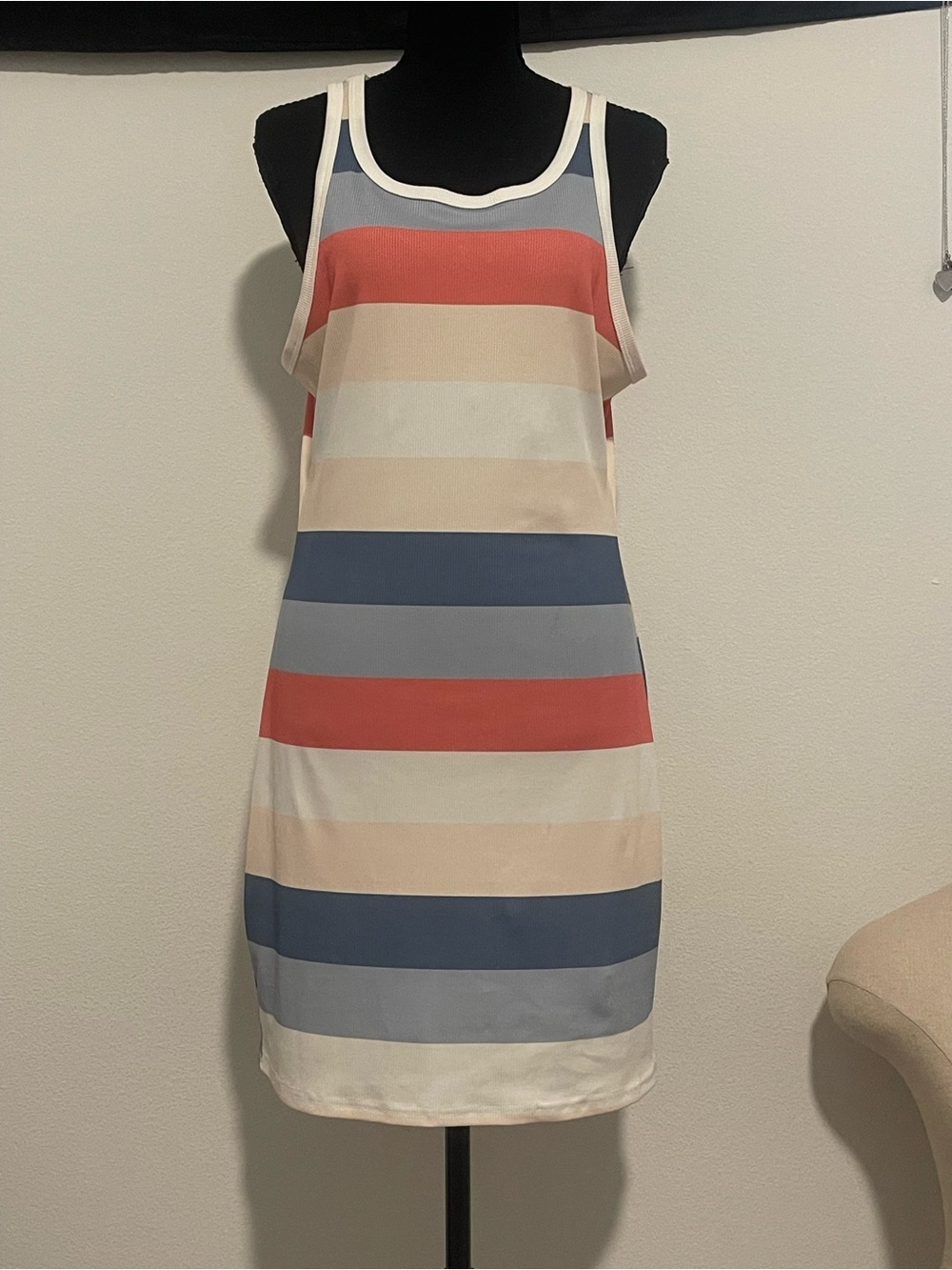 Sleeveless Striped Shift Dress in Coral, Blue & Cream